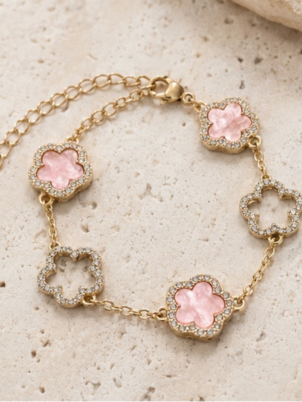 Luxe Gold Bracelet with Powder Pink Clover Charms